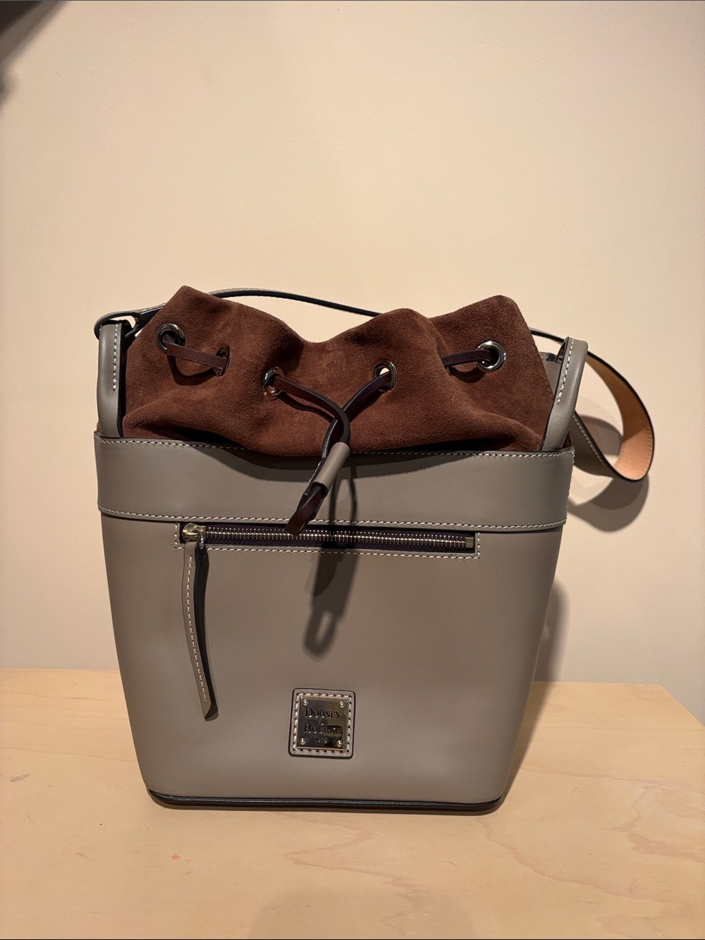 Dooney & Bourke Greige Leather Bucket Bag with Brown Suede Drawstring